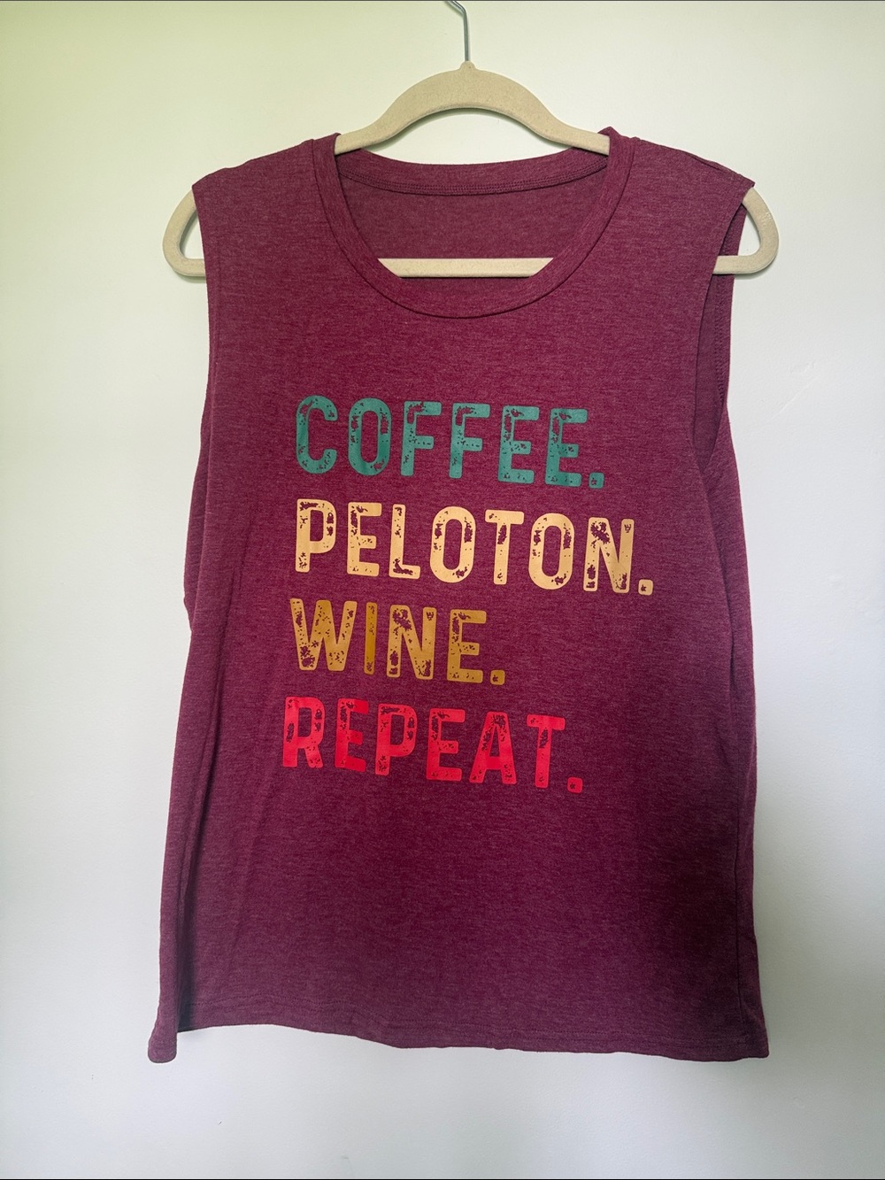 Women's Maroon Muscle Tank Top 'Coffee. Peloton. Wine. Repeat.'